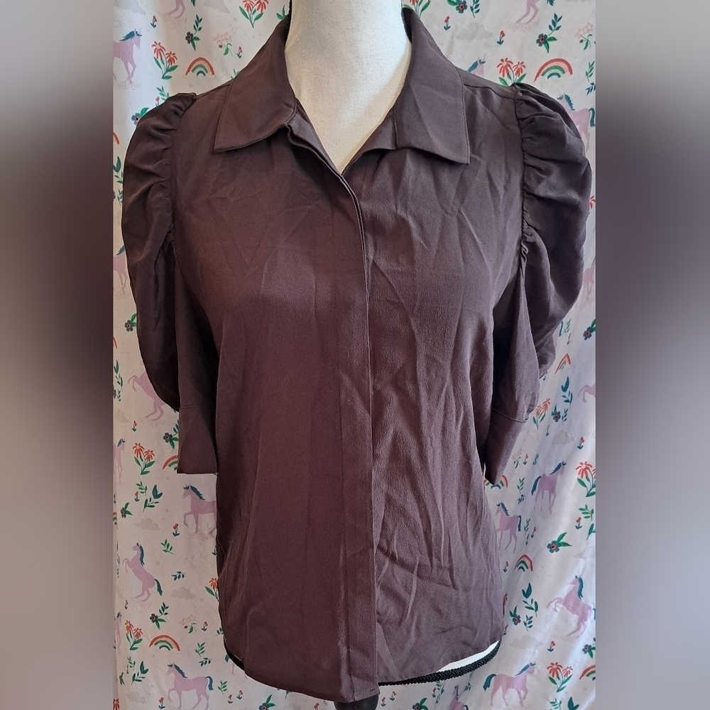 NWOT Lola & Sophie Mocha Silk Pleated Sleeve Neutral Boho Collar Blouse Top SZ S